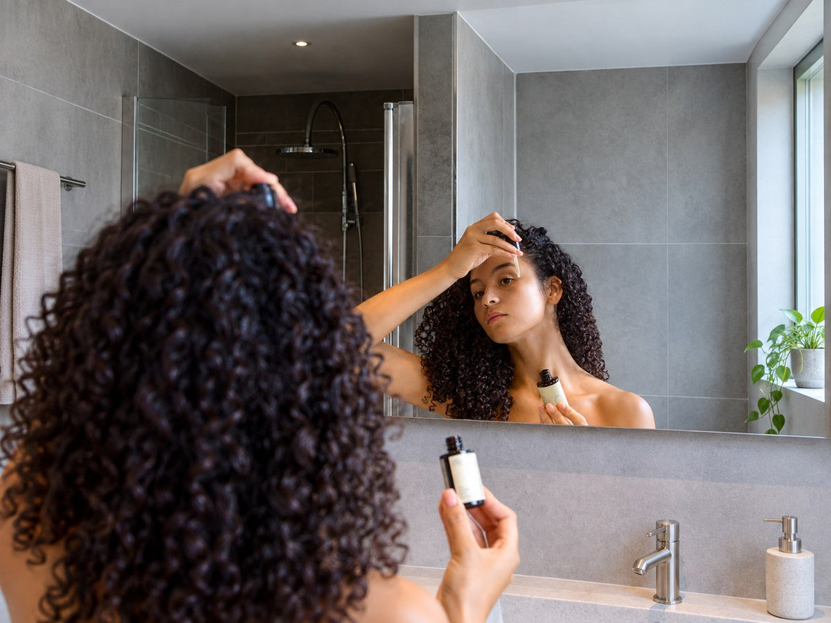 Applying Pause Nordic serum in front of a bathroom mirror